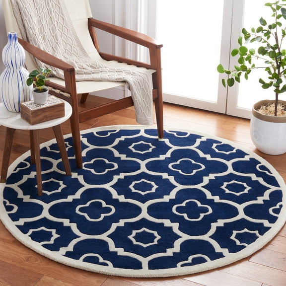 SAFAVIEH Chatham Diego Geometric Wool Area Rug, Dark Blue/Ivory, 3' x 3' Round
