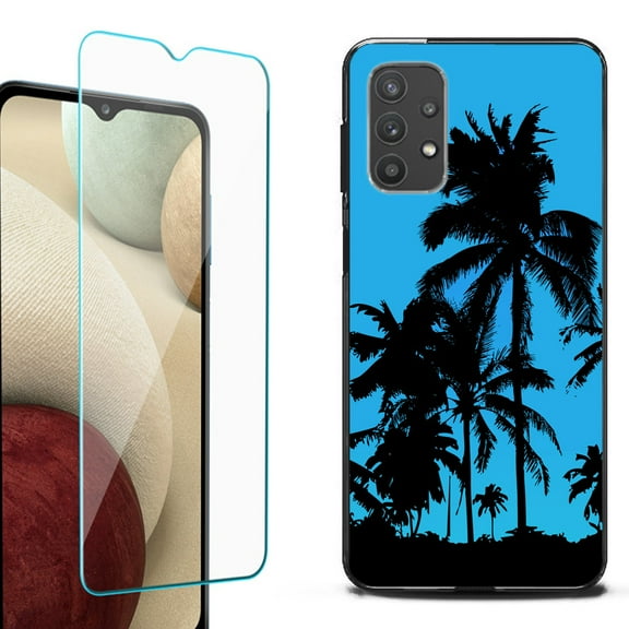Slim-Fit Flexible TPU Gel Phone Case (black) for Samsung Galaxy A32 5G, with Tempered Glass Screen Protector, by OneToughShield ® - Tropical Summer