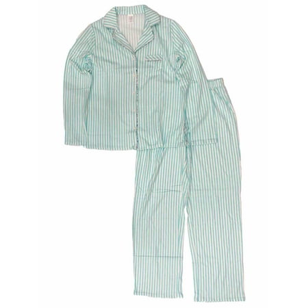 

Womens Blue & White Stripe Cotton Blend Pajamas Button Front Sleep Set Large