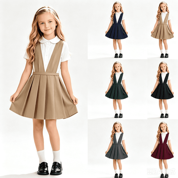 Kcolen Girls Pleated Jumper School Uniform Dress Sleeveless V-Neck Flared Dress Preppy School Uniform Clothes Back To School Dresses for Girls 2-15 Years