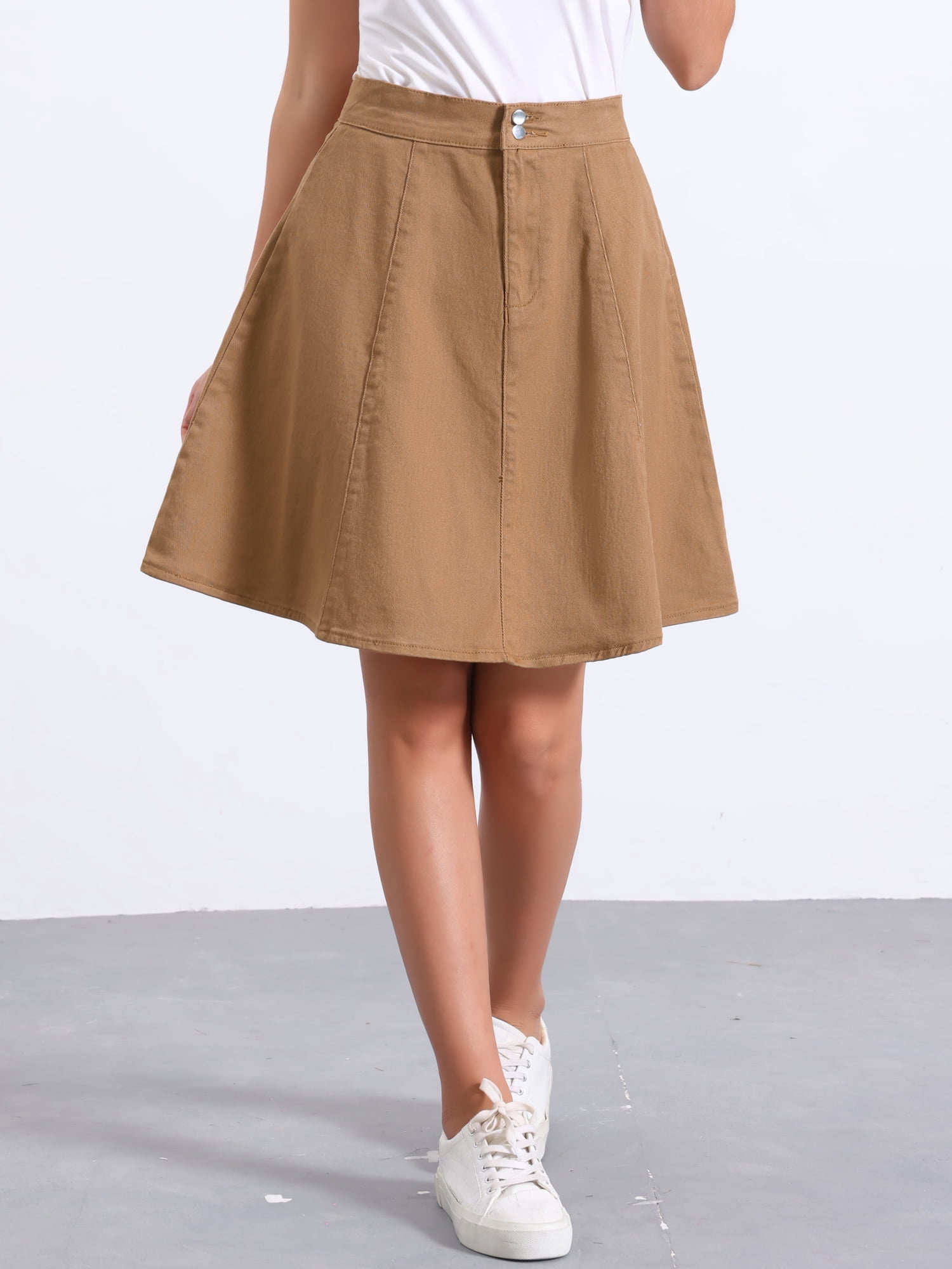 DARING DIVA Women's High Waist Stretch Knee Length Flared Jean Skirts M Brown