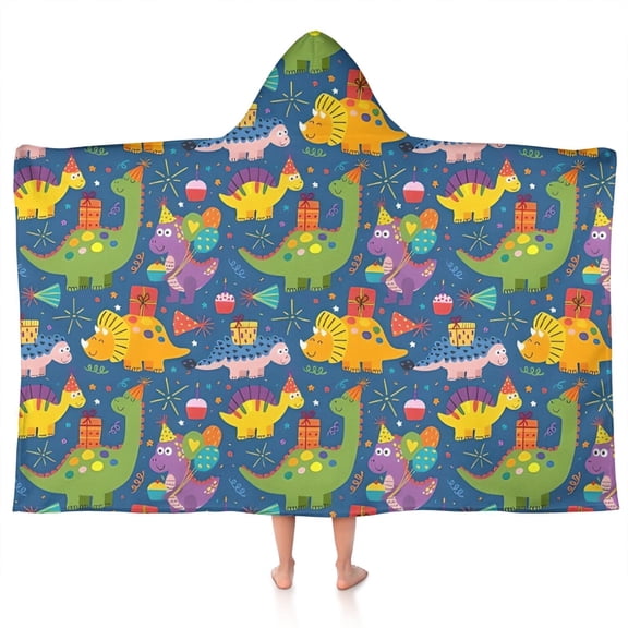 Blue Cartoon Dinosaurs Party Pattern Hooded Bath Towel,50"x30" for Ages 3 To 12 Kids, Quick Dry Lightweight Soft Microfiber Hood Beach Towel Cover Up for Kids
