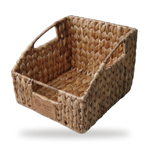 JAVANTI KAYU - Handmade Water Hyacinth Wicker Pantry Organizer Bin – Slanted Front Storage Basket for Kitchen, Shelves, Closet, Food & Snack – Natural, Durable, Decorative (1, 10" x 9" x 8")