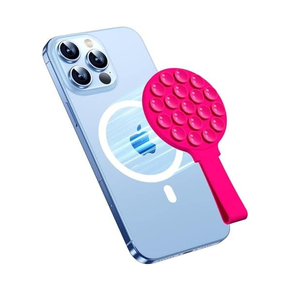 wonima44 Magnetic Suction Cup Phone Mount for MagSafe Case, Silicone Octo Cup Buddy Phone Grip Holder, Hands-Free Mirror Shower Stand Durable Magnet Phone Accessory for iPhone and Android, Neon Pink