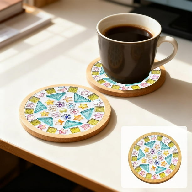 Kit de Coaster de Mosaicos Hazlo Tú Mismo, Juego de Manualidades para Posavasos de Madera, Baldosas Mixtas Coloridas con Pegamento, Bol y Esponja, 9.5x9.5cm para Posavasos de Bebidas.