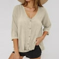 thumbnail image 5 of Ltctricy Cotton Linen Tops for Women 3/4 Length Sleeve V Neck Crossover Button down T Shirts Casual Loose Blouses(Beige,Large), 5 of 6