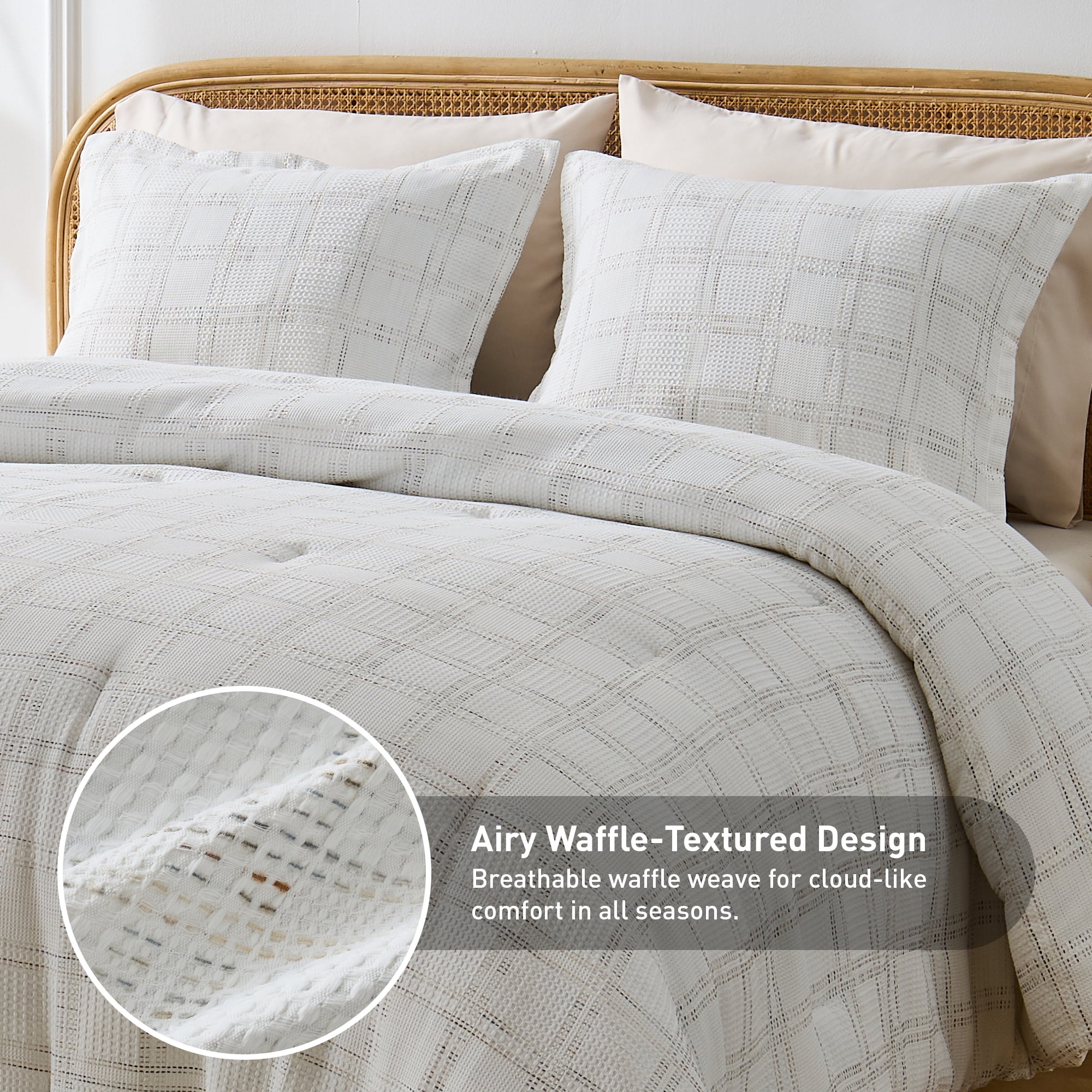 Regency Heights Waffle Weave Comforter Set, Full/Queen Size Textured Comforter Bed Set, 3-Piece Lightweight Bedding Set with Pillow Shams for All Season, White/Multi Color