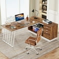thumbnail image 2 of Tribesigns 71 Inch Modern Executive Desk, L-Shaped Desk with Cabinet,Brown and White, 2 of 7
