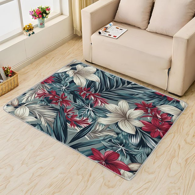 Hawaiian Flower Rug 4x7 Area Rugs for Bedroom Living Room, Tropical Floral Area Rug, Botanical Leaf Carpet Machine Washable Non-Slip Rug, Soft Low Pile Area Rug, Indoor Decorative Rugs G&n77