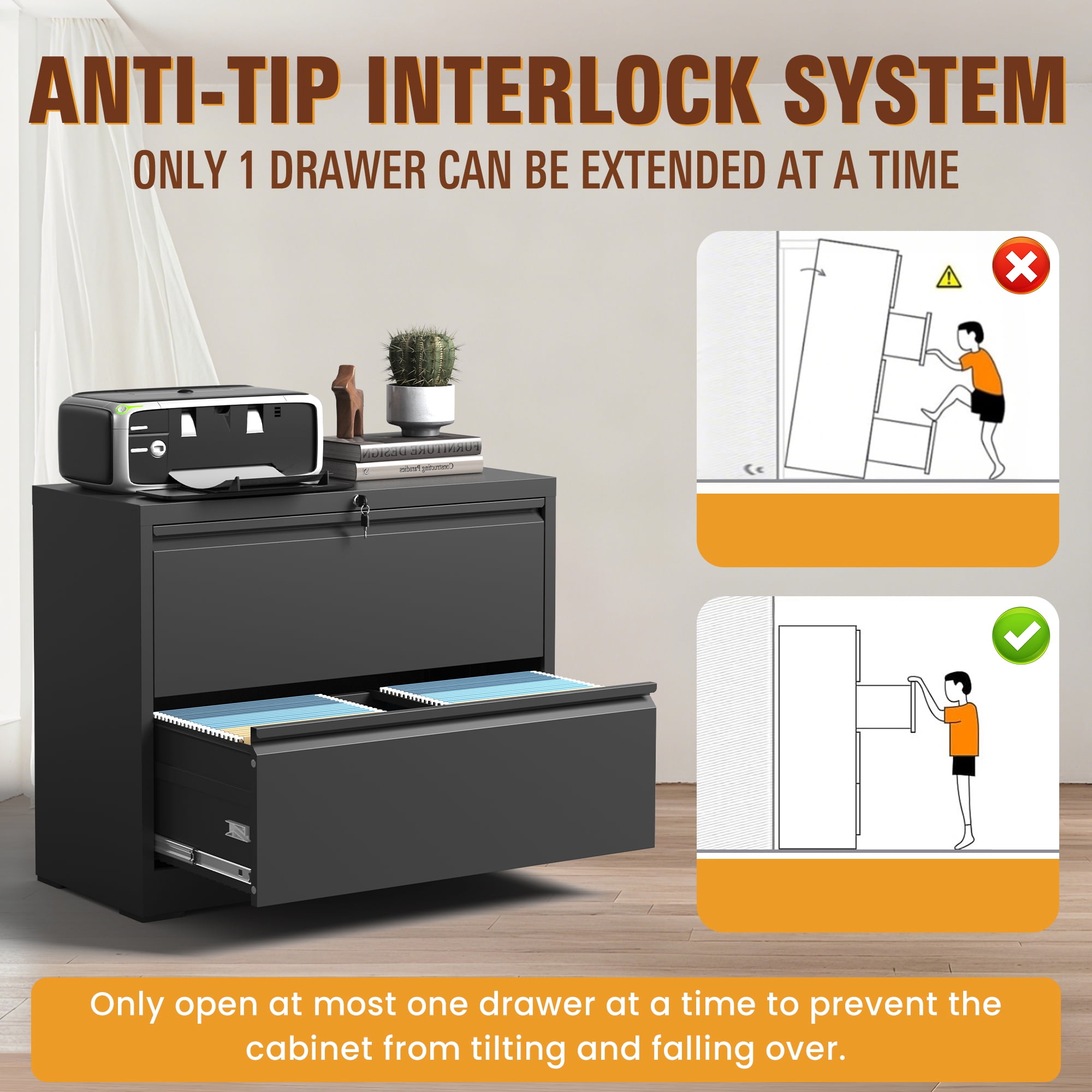 Lateral File Cabinet with Lock, 2 Drawer Metal Filing Cabinet, File Cabinet Organizer for Home Office, Easy Assembly, Lockingl File Cabinets for Legal/Letter/A4, 35.43"W x 15.75"D x 28.5"H,Black