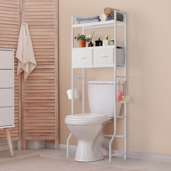 White Over The Toilet Storage Cabinet, Freestanding Bathroom Organizer with Drawers & Shelf – Above Toilet Storage Rack