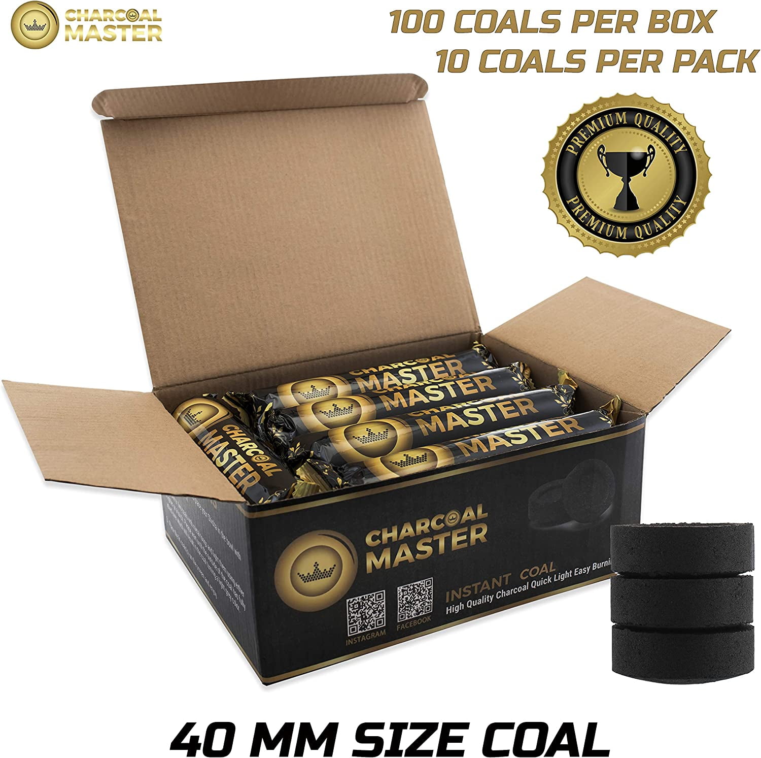 Coal Instant Light - Incense Charcoal Disks - Set of 100 Tablets - 40 mm Quick Light Briquettes - Natural, Slow Burn and Low Smoke (100)