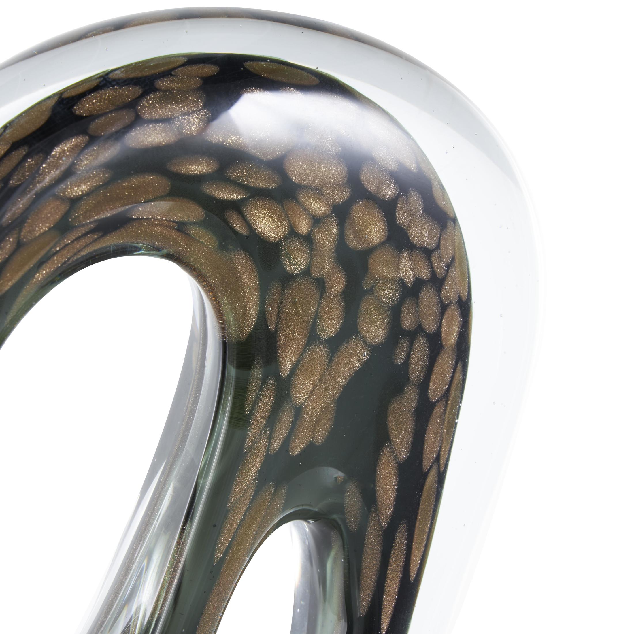 7" x 13" Black Glass Curved Cutout Abstract Sculpture with Gold Spotted Accents, by DecMode