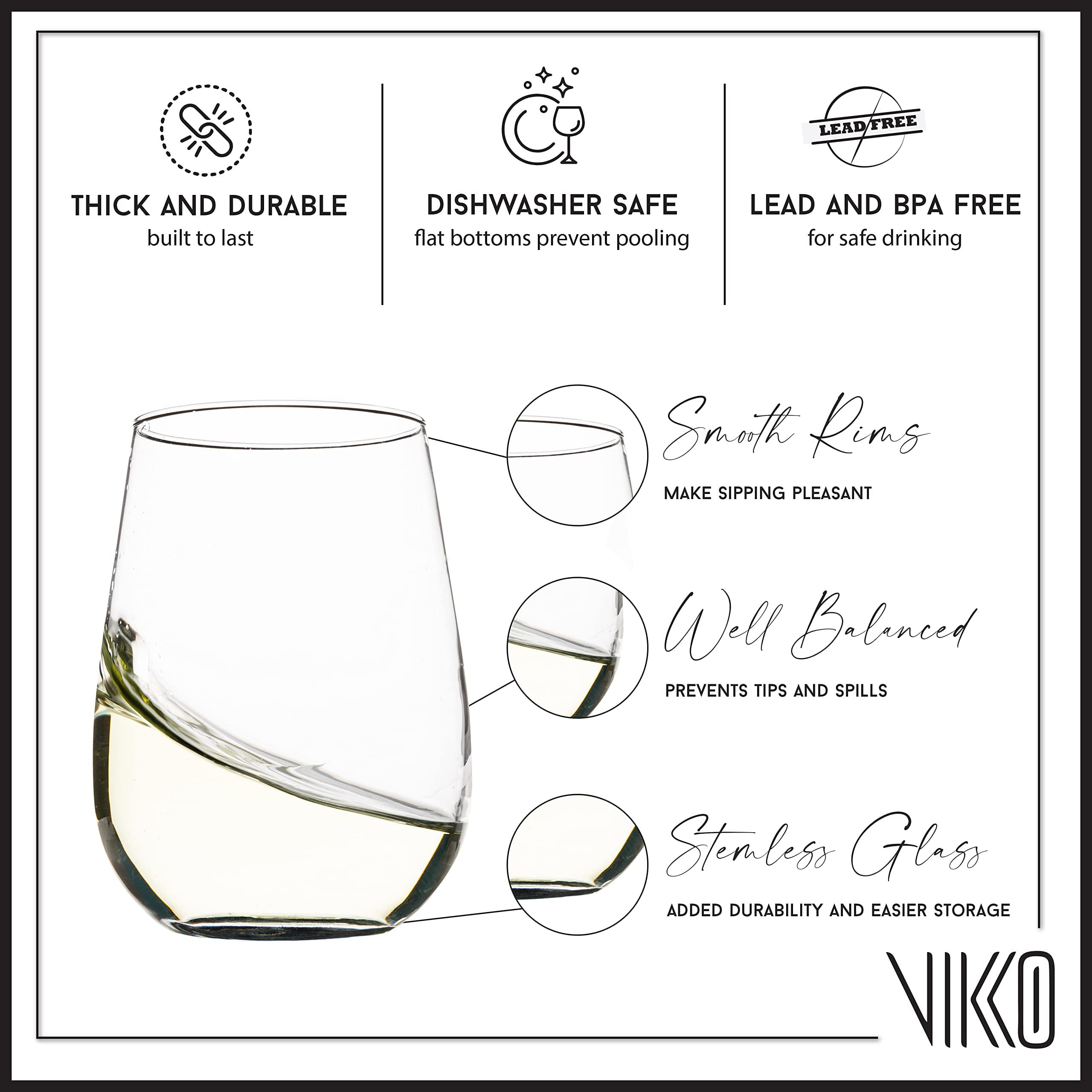 Vikko Stemless Wine Glass, 16 Ounce Wine Glasses Set of 6, White or Red Wine Glass, Classic and Elegant Wine Glasses