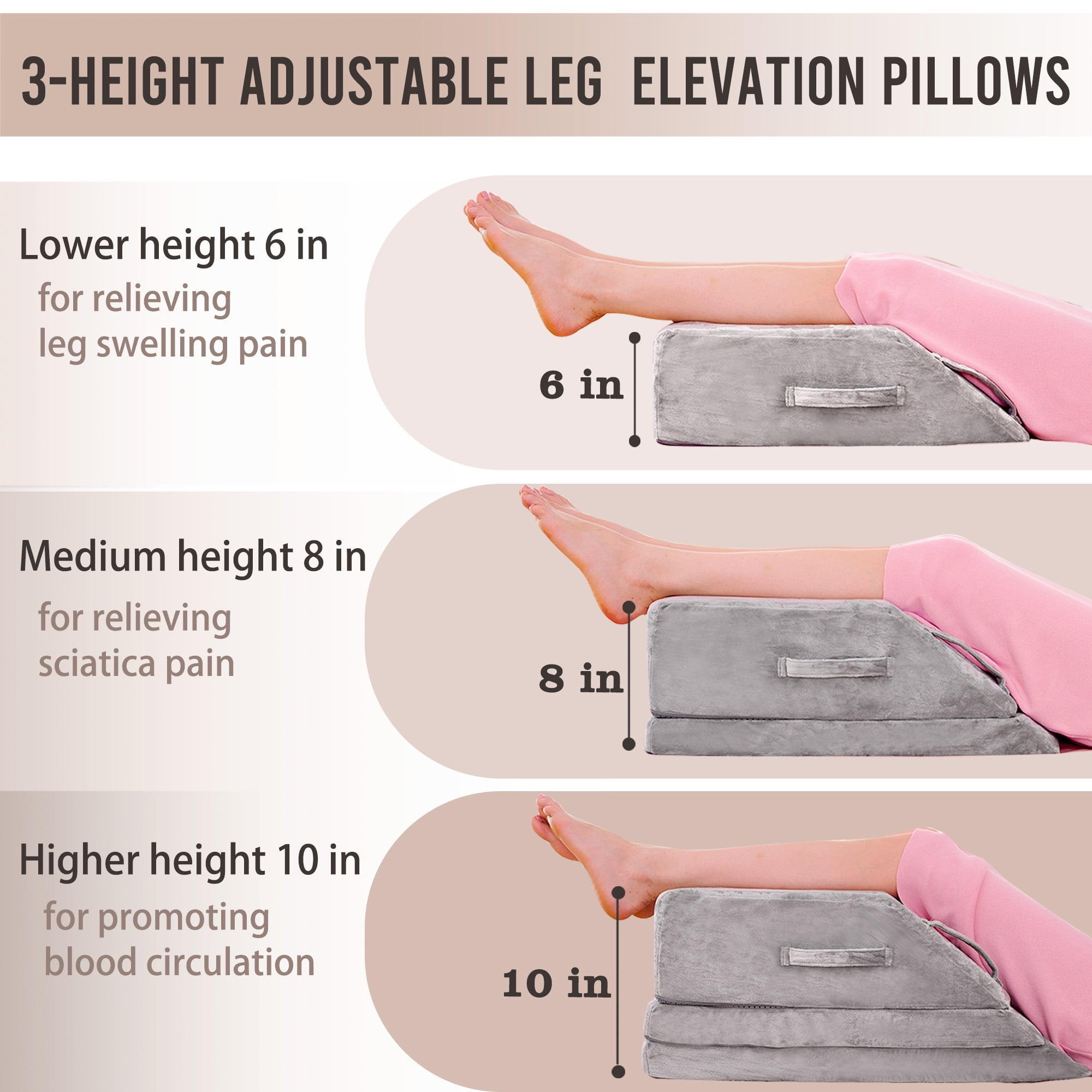 Jakoola Adjustable Leg Elevation Pillow, 2/3/4-Layer Detachable Wedge Pillow for Leg,Post Surgery Recovery, Swelling Relief, Blood Circulation and Pain Relief, Sleeping Daily Rest,Grey Velvet