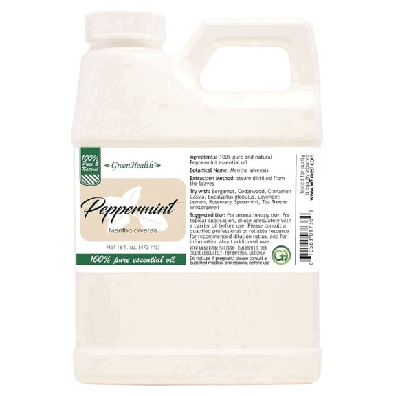 GreenHealth Peppermint Essential Oil, 16 fl oz – 100% Pure Essential Oil, Aromatherapy Grade – Space-Saving FDA-Compliant Jug with Child-Resistant Cap
