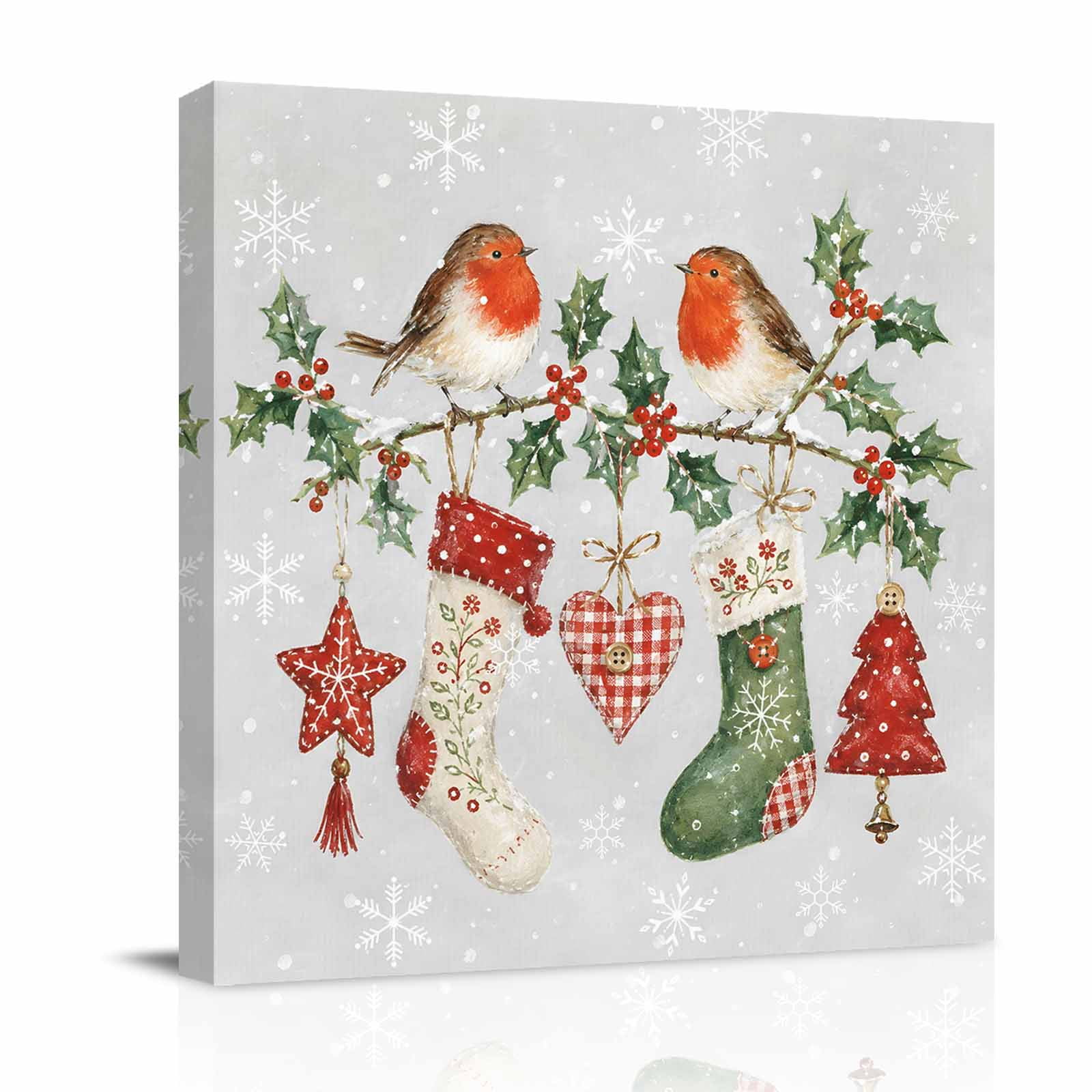 Canvas Wall Art Christmas Stocking Framed Canvas Prints for Bathroom Desk Winter Snowflake Berry Birds Xmas Small Gallery Wrapped Wall Decor for Home Office Gifts 8 x8 Ship Next Day