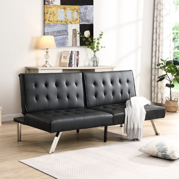 Black PVC Leather Futon Sofa Bed with Wood Frame and Stainless Leg / Ergonomic Design, Suitable for Any Scene, High Weight Limit