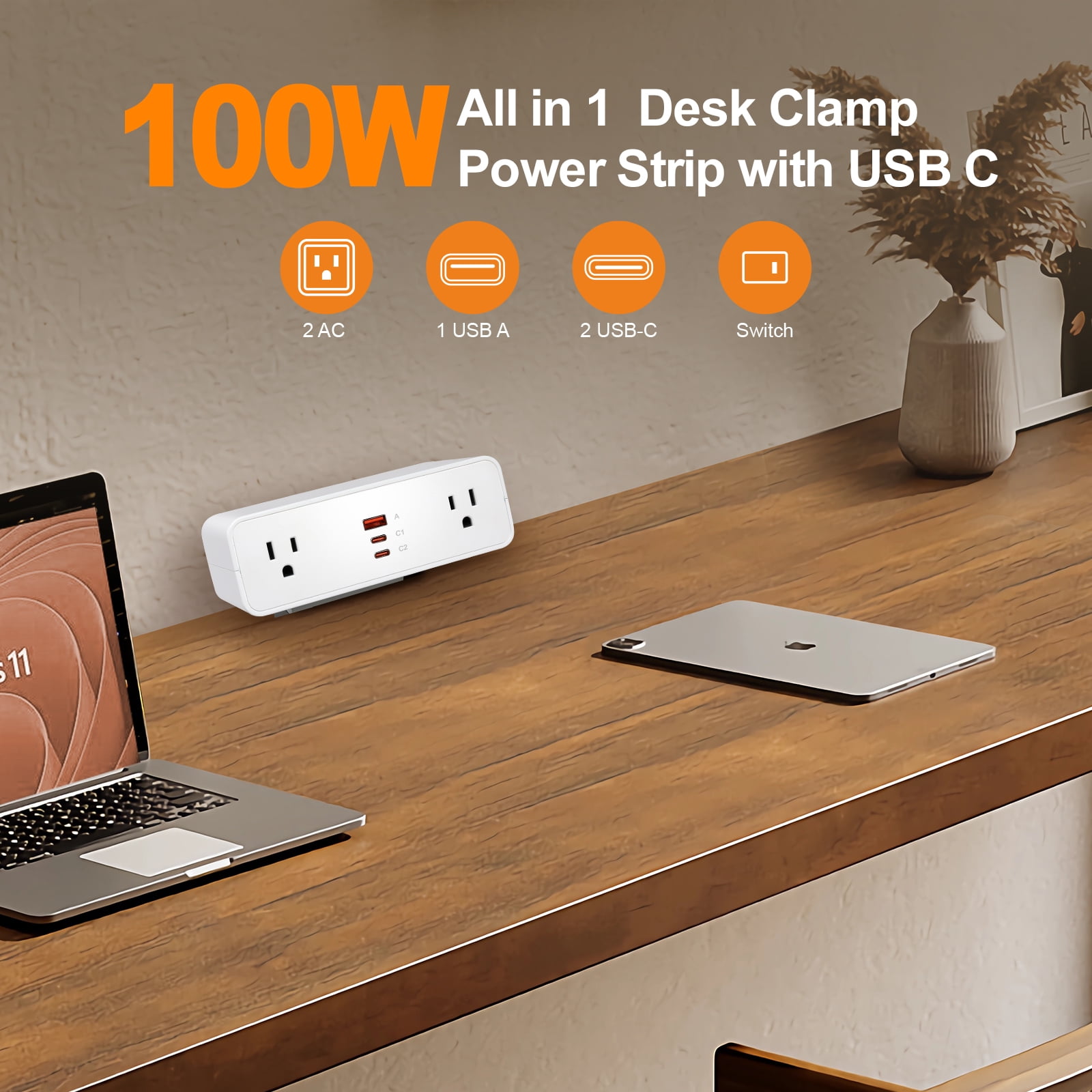 Desk Clamp Power Strip USB C 100W, Desktop Edge Mount Fast Charge Station 3 PD USB Port 2 AC Outlets 6ft Braided Extension Cord Flat Plug Fit Max 3.26’’ Tabletop Edge for Gaming Office Table