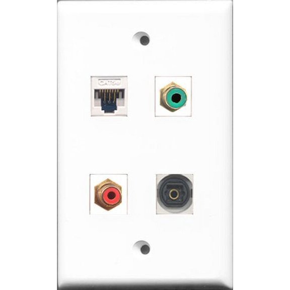 RiteAV 1 Port RCA Red and 1 Port RCA Green and 1 Port Toslink and 1 Port Cat5e Ethernet White Wall Plate