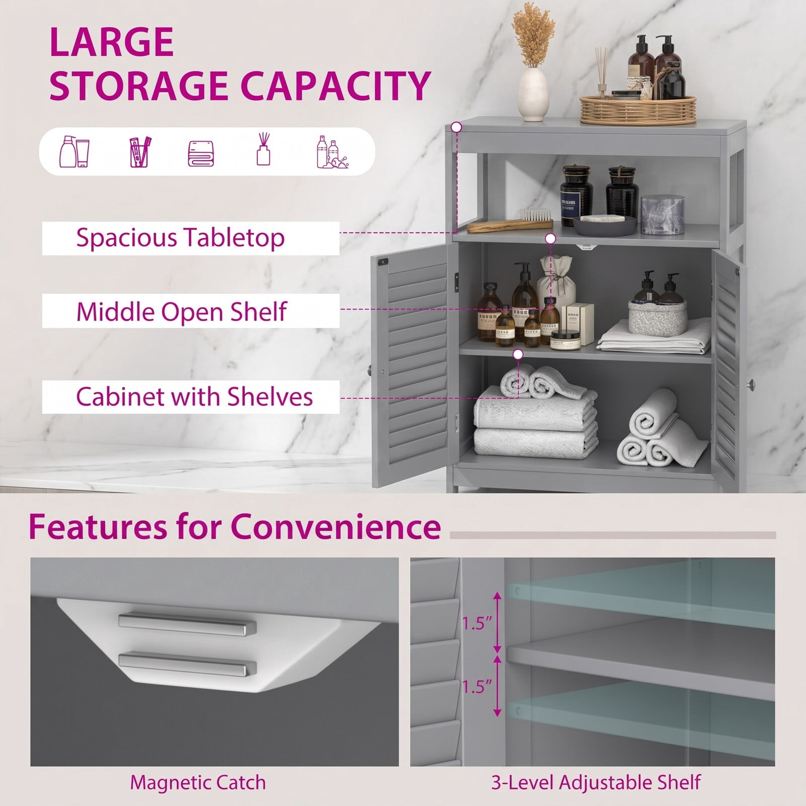 Fenbeli Freestanding Bathroom Floor Cabinet with Double Shutter Doors, MDF Storage Cabinet with Adjustable Shelf and Open Compartment, Side Console Shoe, Gray