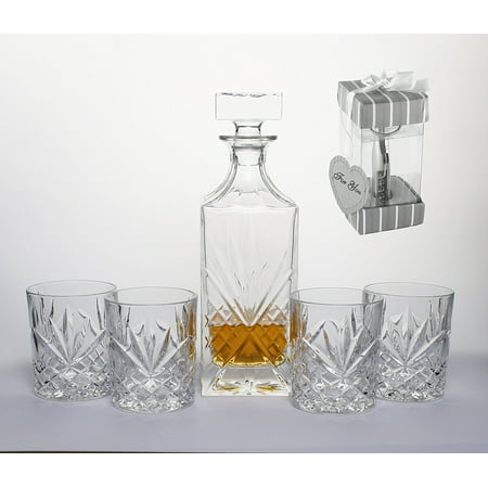 Set of 5 Bezrat Decanter and Glasses Whiskey Set-Bar Glassware Set Gifted Boxed Set Includes a Decanter with stopper and Crystal DOF Glasses FREE GIFT (Best Crystal Whiskey Glasses)