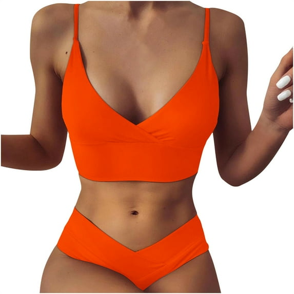 Abcnature Women's Bikini Swimsuits Sets, Thong Bikini Sets Bikini Two Piece Filled Soild Beachwear Swimwear Bikini Sets for Women Orange S