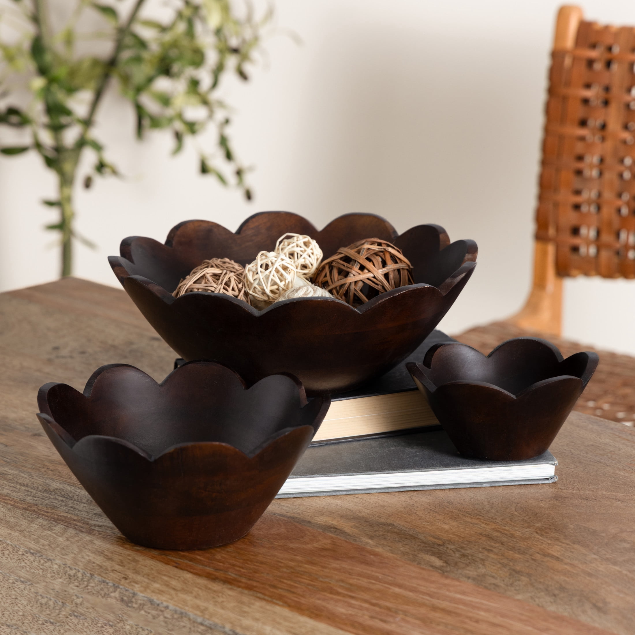 DecMode 12", 9", 6"W Handmade Round Floral Dark Brown Mango Wood Decorative Bowl, Set of 3