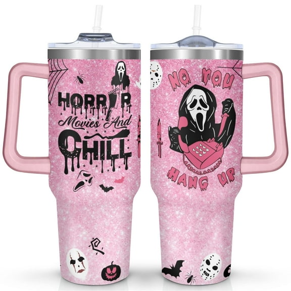 40oz Halloween Ghostface Stainless Steel Tumbler with Lid and Straw,Horror Spooky Spill Proof Travel Cup Double Wall Vacuum Insulated Coffee Mug with Handle Pink