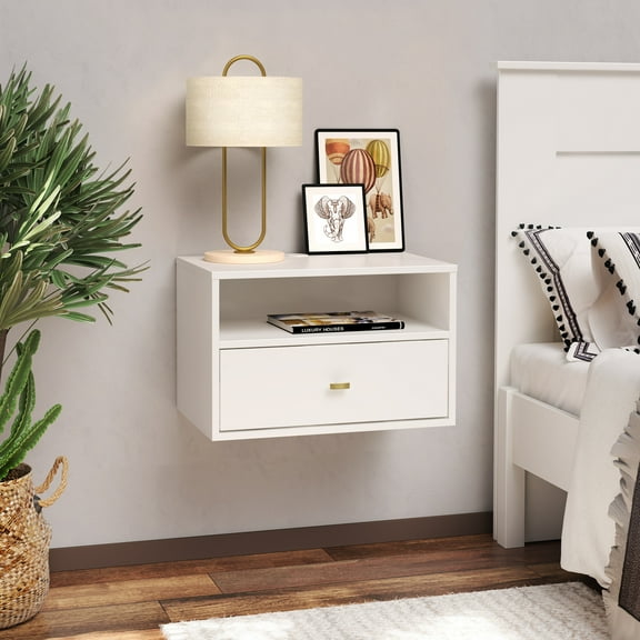 Prepac Floating Bedroom Modern 1-Drawer Nightstand with Open Shelf, White