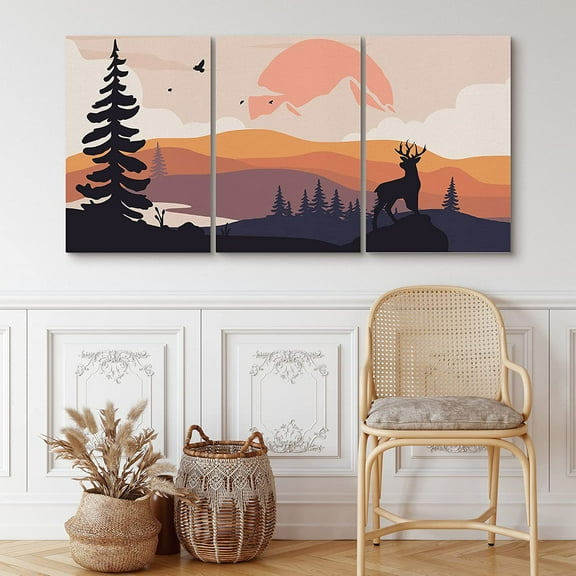 PixonSign Canvas Print Wall Art Set Deer Above Orange Mountain Range Animals Wilderness Illustrations Modern Art Southwest Scenic Relax/Calm Multicolor Boho Decor for Living Room, Bedroom - 24"x36"x3
