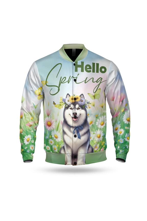 Siberian Husky Hello Spring Time Flower Floral Nature All Over Print 3D Baseball Jacket Husky Dog Lover Gifts Bomber Jacket Softball - 02031