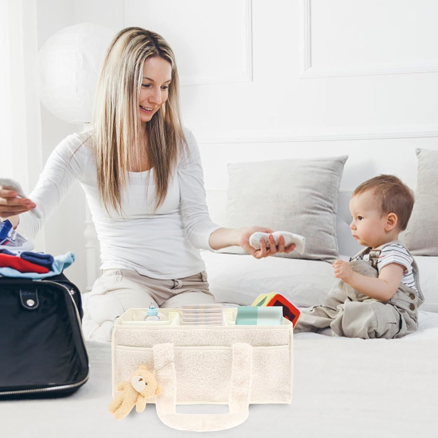 Nappy Caddy Organizer for Baby Changing Table, Portable Diaper Caddy With Removable Dividers/Handle, Newborn Essentials, Nursery Wipes Storage Bag, Gift for Mum, Baby Shower