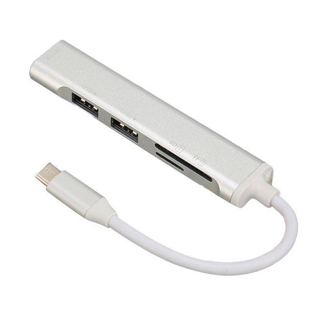 5 in 1 USB C Hub Multiport Heat Dissipation Plug and Play USB C Adapter Hub Silver for Desktop
