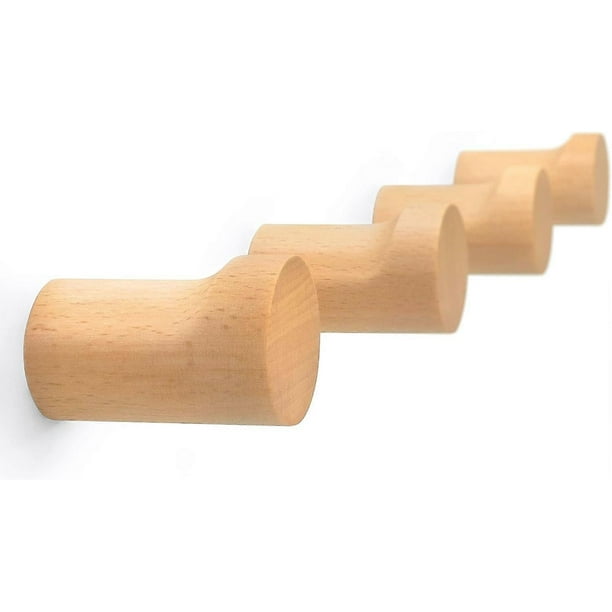 Natural Wooden Wall Hooks - Pack of 4 - Modern Wood Coat Rack - Decorative Wooden Pegs for Hanging Hat, Towel, or Purse (Beech Wood)