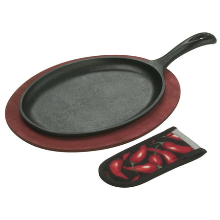 Lodge Cast Iron Fajita Set with red stained wooden underliner & handle mitt, LFSR3