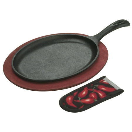 Lodge Cast Iron Fajita Set with Red Stained Wooden Underliner & Handle Mitt, 3