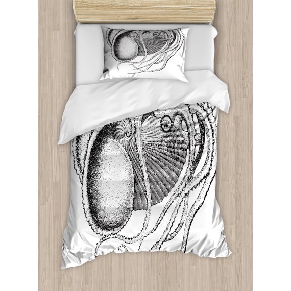 Octopus Duvet Cover Set Twin Size, Old Engraved Image of a Sea Animal with Long Tentacles Living in a Shell, Decorative 2 Piece Bedding Set with 1 Pillow Sham, White Charcoal Grey, by Ambesonne