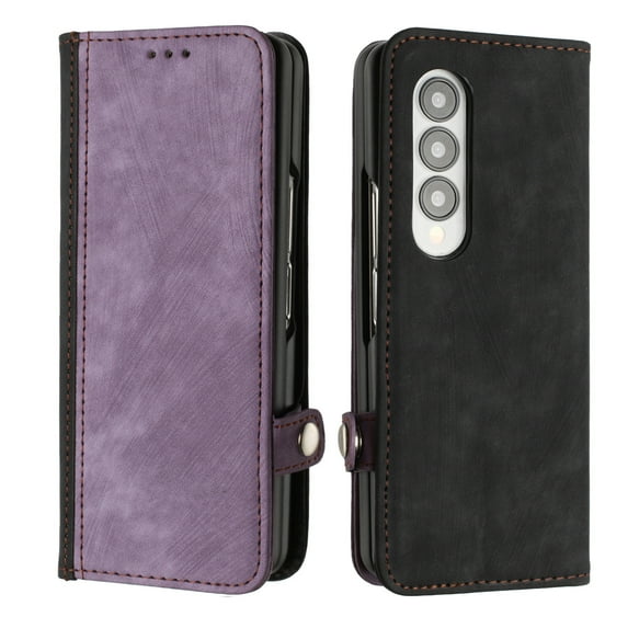 ELEHOLD for Samsung Galaxy Z Fold 3 2021 7.6" Wallet Case with Detachable Wrist Strap Handbag, Luxury PU Leather Flip Soft TPU Built-in Magnetic Card Slots Kickstand Function Shockproof Case,Purple