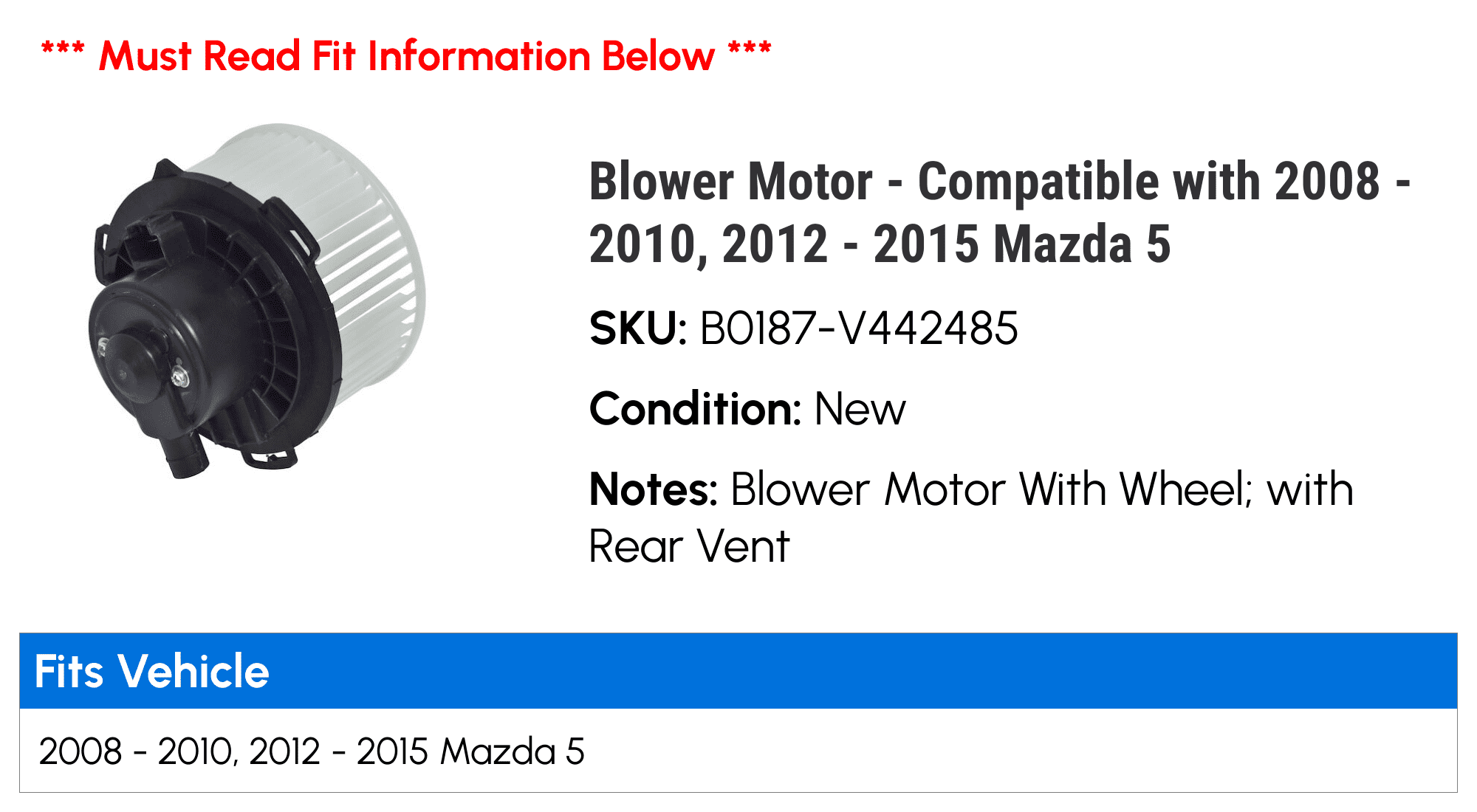 Blower Motor Compatible with 2008 2010, 2012 2015 Mazda