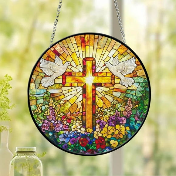 Attrape-soleil Fleur Faux Vitrail Suspendu, Art Mural Christ Religieux Verset Biblique Cadeau, Décoration Intérieure Inspirante Suspendue pour Salon Chambre