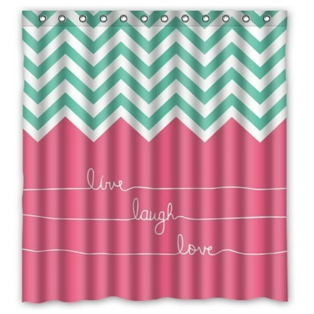 Teal Green Decor GreenDecor Hipster Quotes Live Love Laugh In Teal And Pink Chevron Zigzag Waterproof Shower Curtain Set with Hooks Bathroom Accessories Size 66x72 inches ()