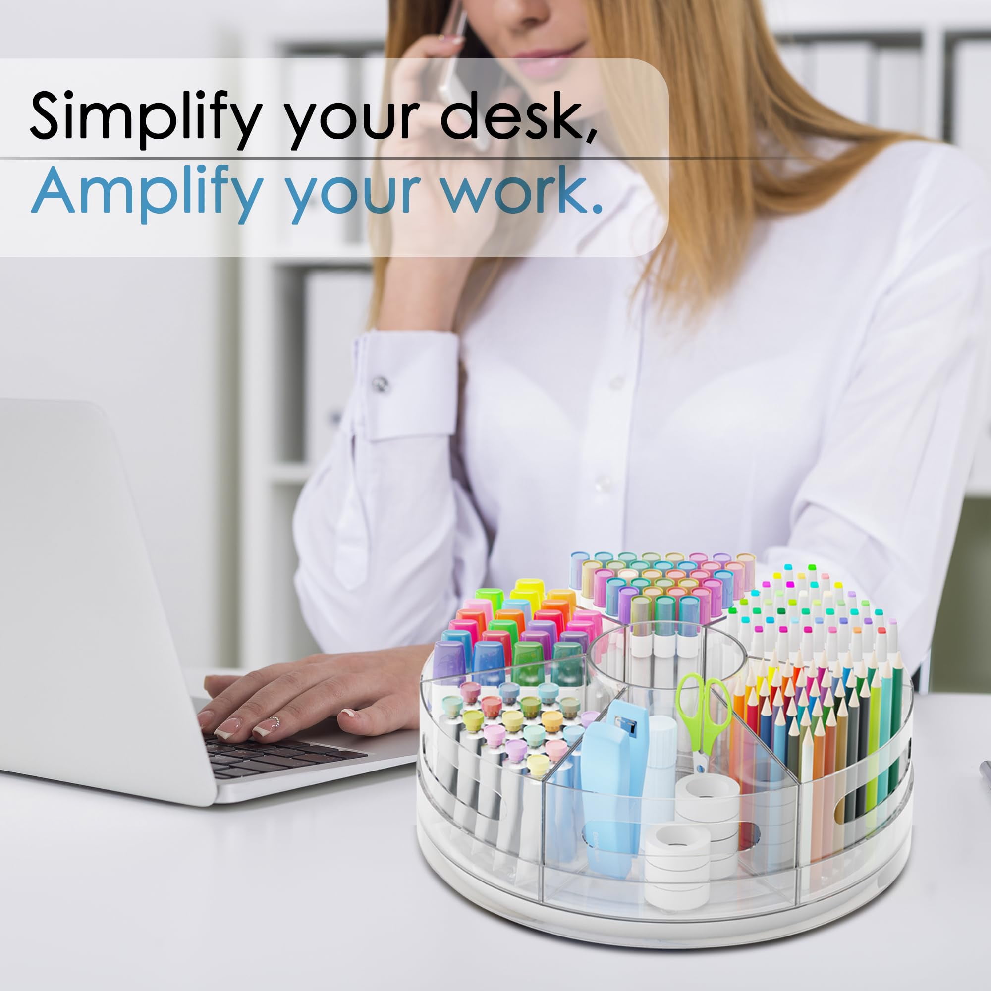 2 Packs Pen Organizer For Desk - Holder With Hand Grips  360° Extra Large Rotating 7 Removable Compartments Office Home And Makeup Storage