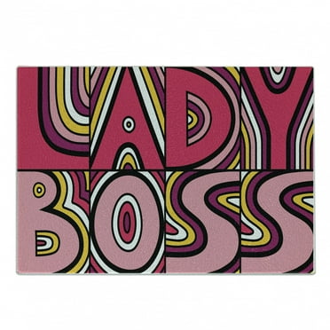 Lady Boss Cutting Board, Feminist Art Themed Illustration with Lettering and Rays in Creative Retro Style, Decorative Tempered Glass Cutting and Serving Board, in 3 Sizes, by Ambesonne