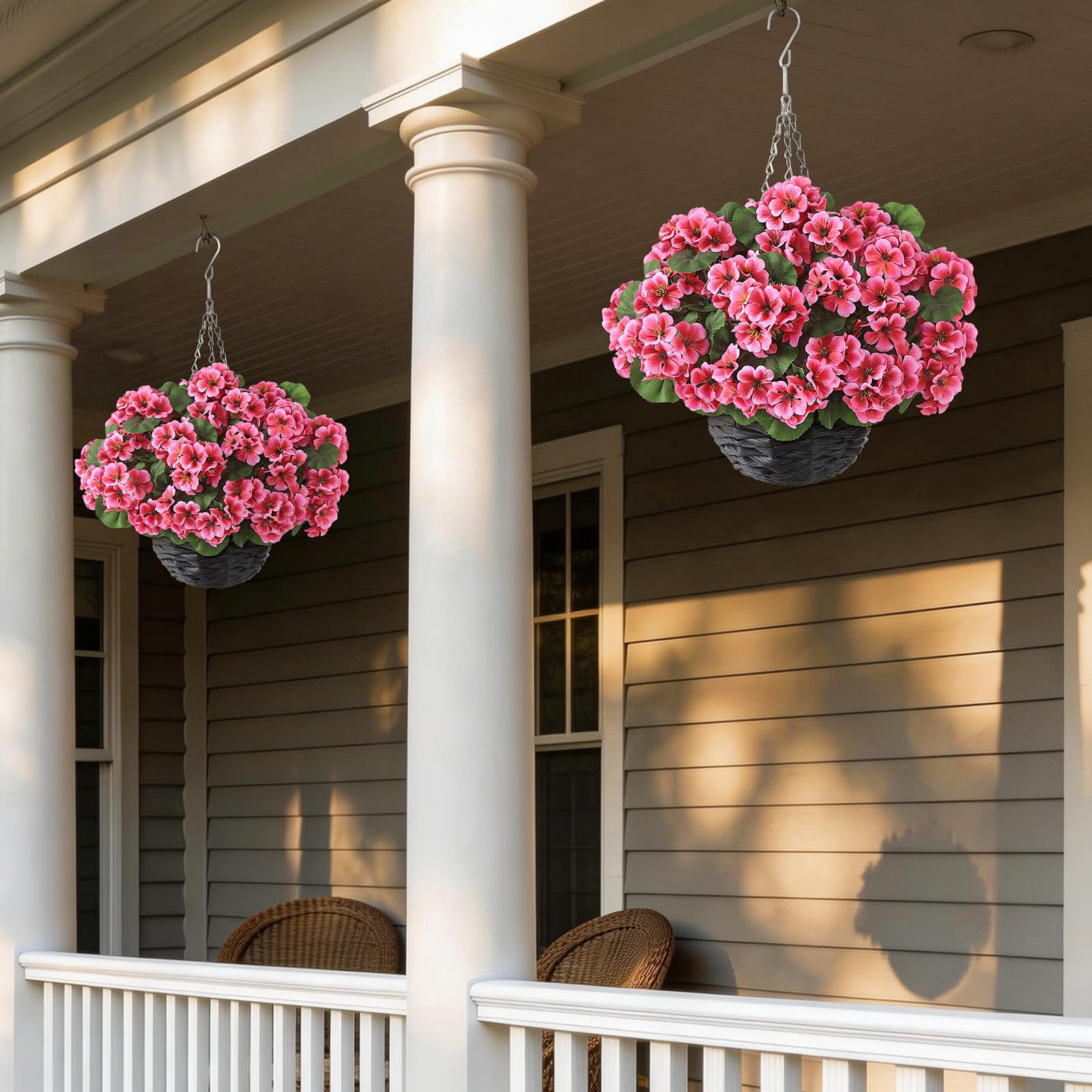 2 Set Artificial Geraniums Flowers with Hanging Baskets for Outdoors - Sun Resistant Silk with Geranium Flowers, Fake Hanging Planters for Front Porch Garden Patio Home Decor (Red)