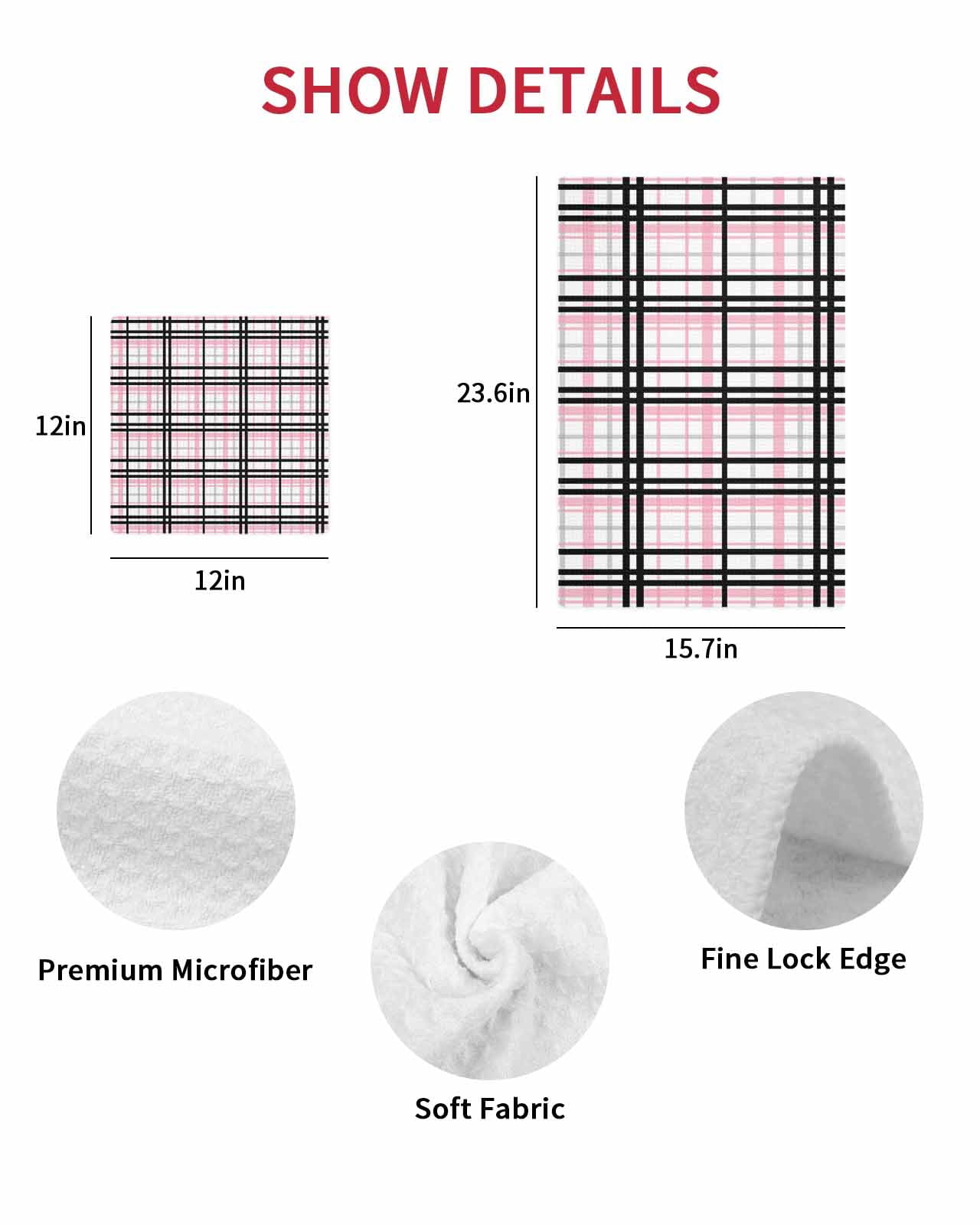 Pink Black Plaid Hand Towels Set, Waffle Weave Kitchen Towels 4 Pieces, Farmhouse Pink Black Checkered Microfiber Hair Face Bath Tea Towel Absorbent Quick Drying Cleaning Dish Cloths 15.7"x23.6"