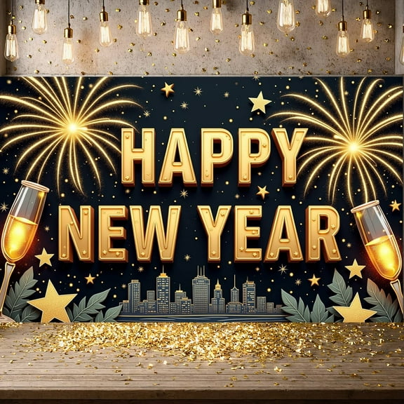 Golden Letters Happy New Year Banner Firework Design New Year Display Champagne Glass Elements Star Decorations Festive Backdrop for New Year Party Holiday Celebration Indoor Decoration