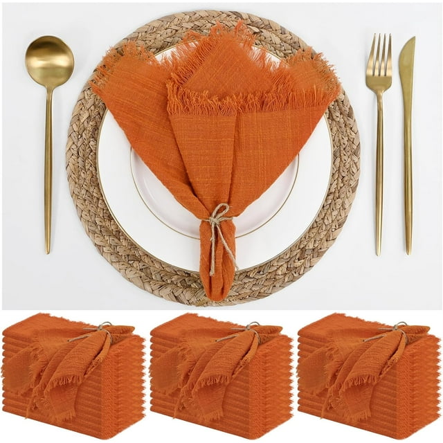 Orange Cotton Linen Napkins - 36 Pack, 16 x 16 Inch, Handmade With Fringe