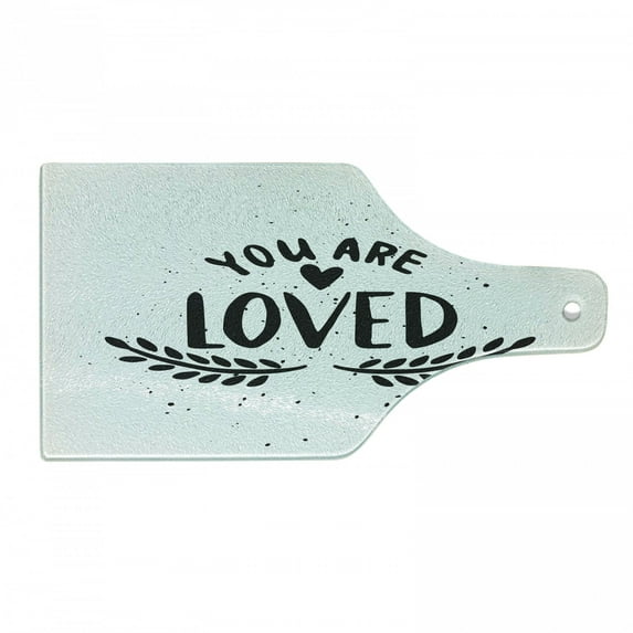 You Are Loved Cutting Board, Heart and Laurel Motifs on a Dotted Background with Calligraphy, Decorative Tempered Glass Cutting and Serving Board, in 3 Sizes, by Ambesonne