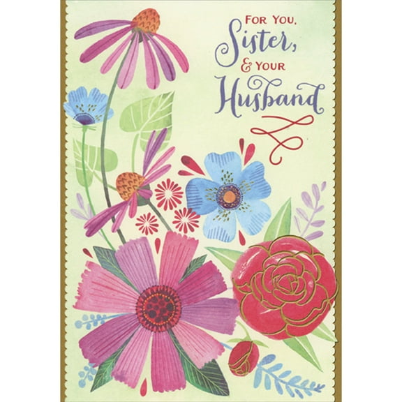 Designer Greetings Large Colorful Flowers on Light Yellow with Gold Foil and Scalloped Edges Valentine's Day Card for Sister and Husband